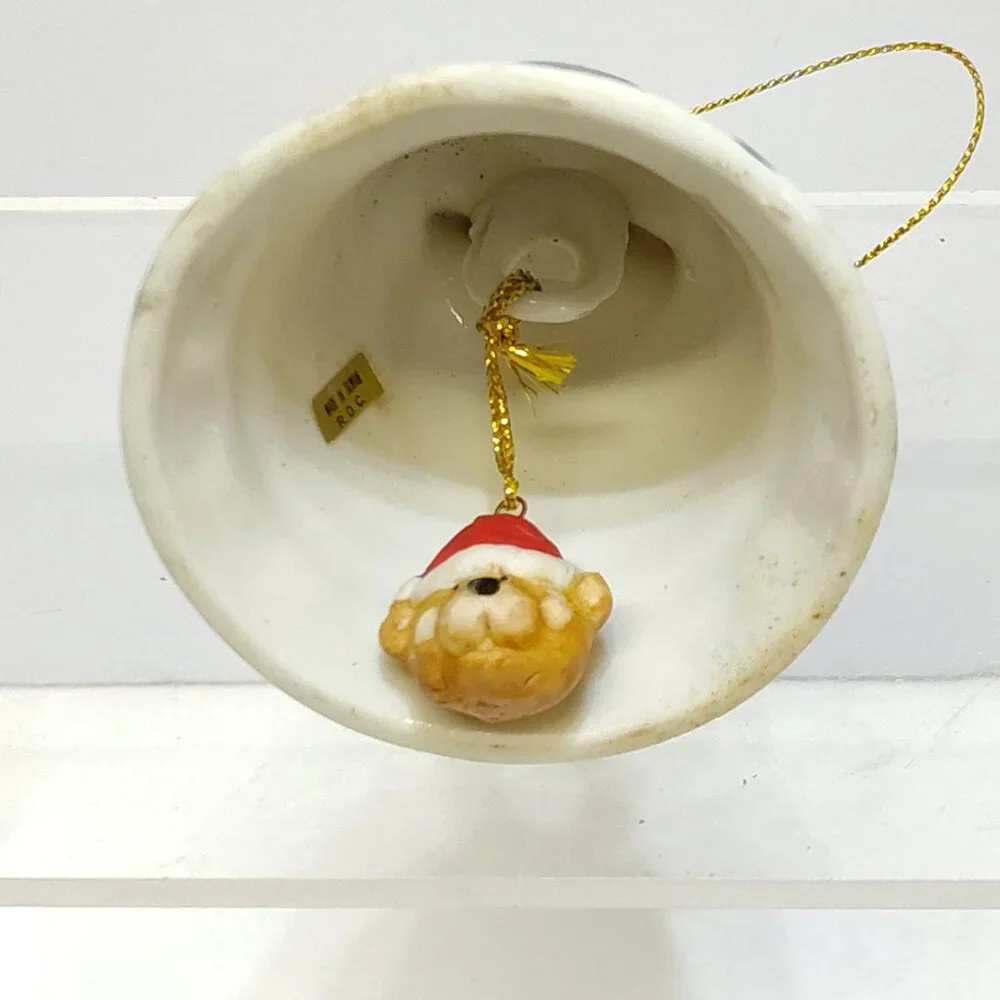 Christmas Ceramic Bell Ornament w/ Teddy Bear Clapper Holiday Design Circa 1980s